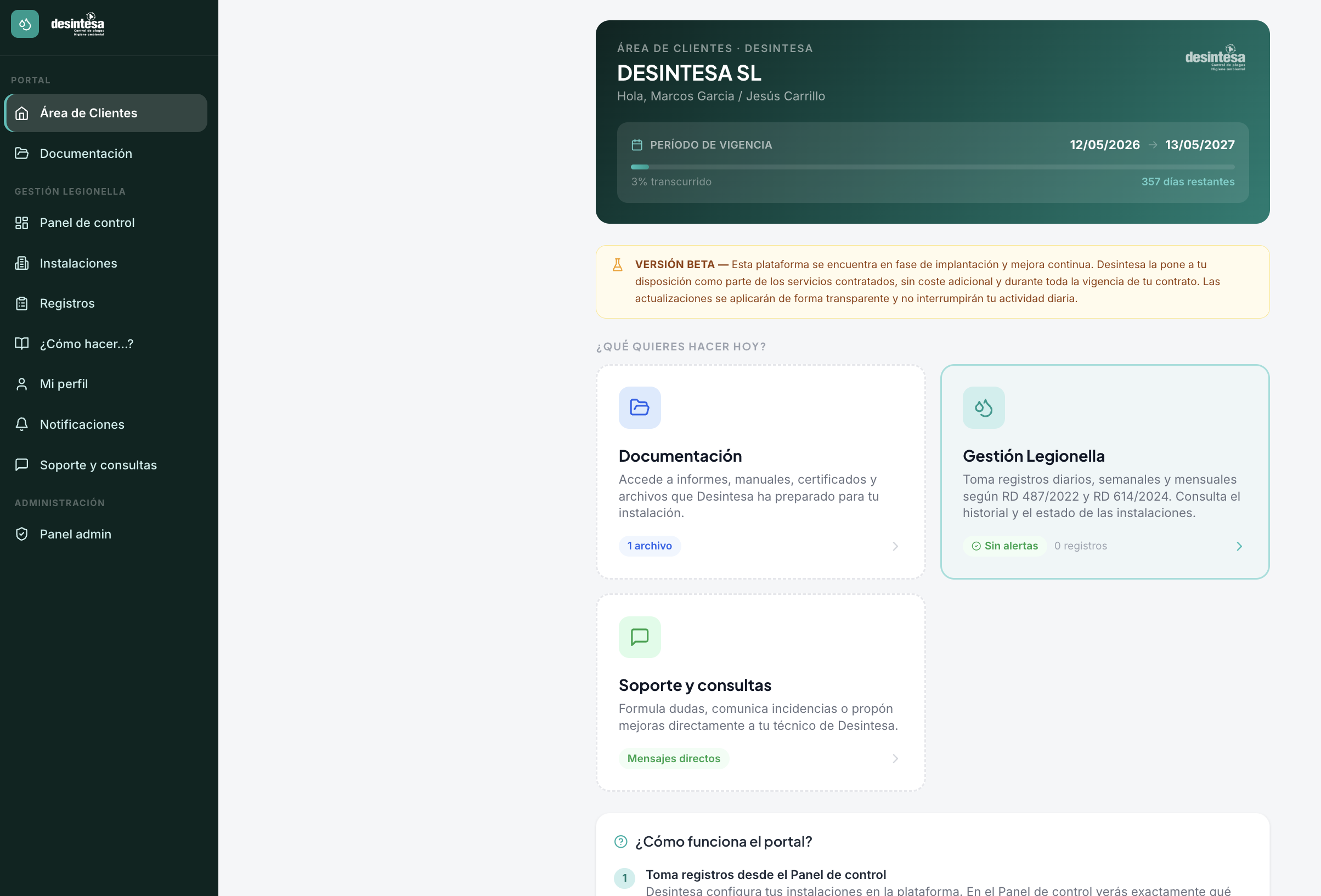 Portal de Control Desintesa — panel de instalaciones